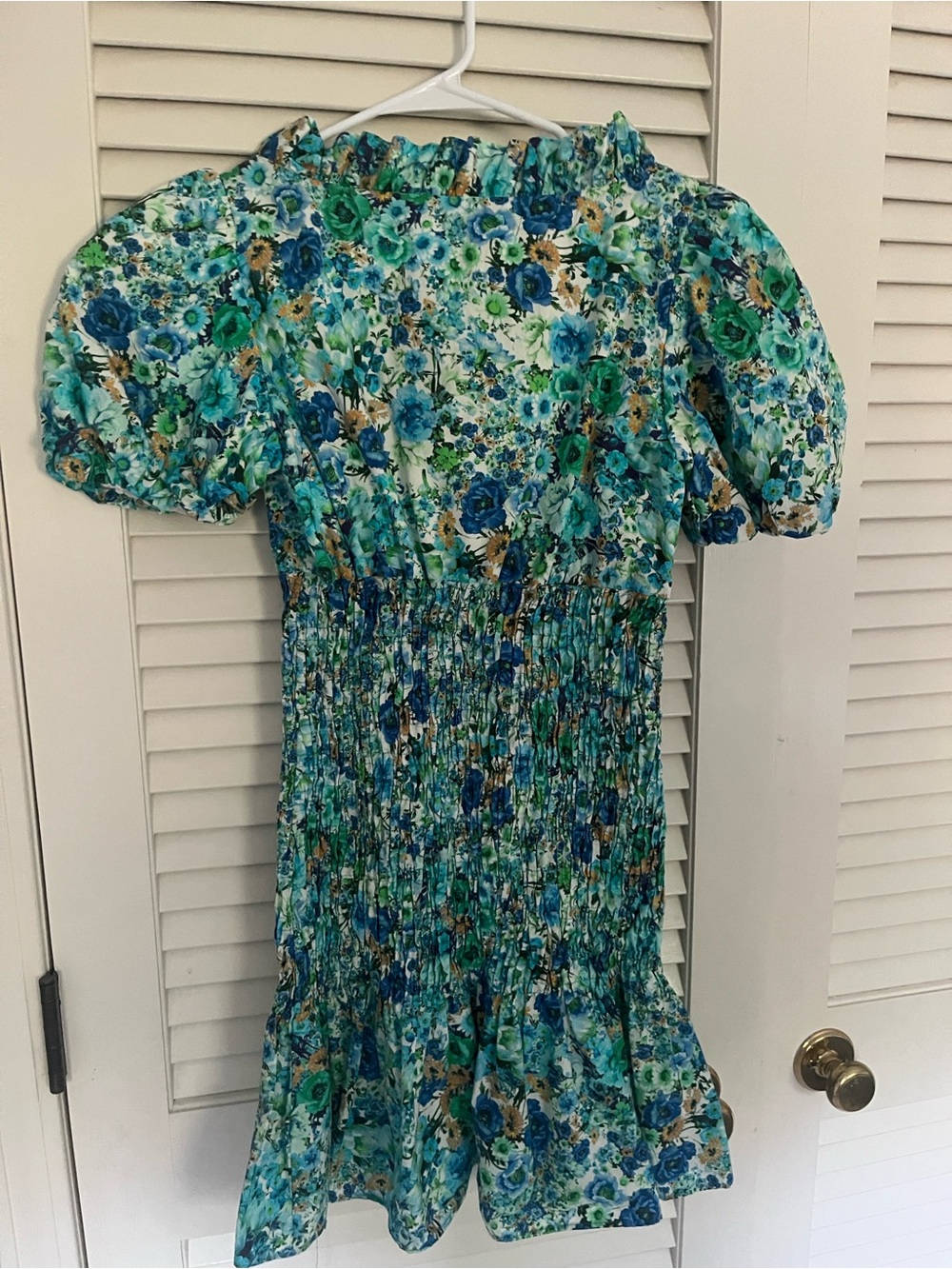 Zara Blue-Teal Floral Puff-Sleeve Smocked Dress